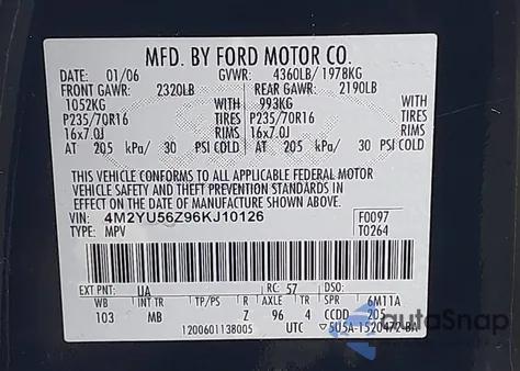 2006 Mercury Mariner Convenience z USA, uszkodzony, nr VIN 4M2YU56Z96KJ10126